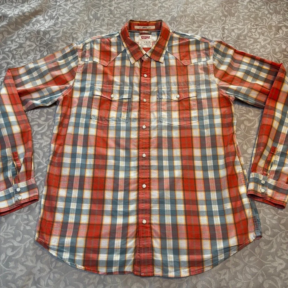 Levi's Pearl Snap Shirt Plaid Cotton Long Sleeve (C20)‎